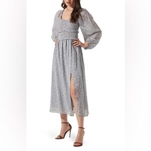 ASTR the Label Smocked Bodice Long Sleeve Midi Dress In Soft Blue Floral Medium